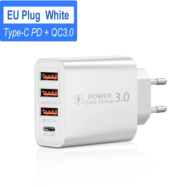 USB-C Laddare 60W Snabbladdare 4-Portar PD Typ-C Snabbladdning 3.0 Väggströmadapter för iPhone Xiaomi Samsung Telefonladdare EU White