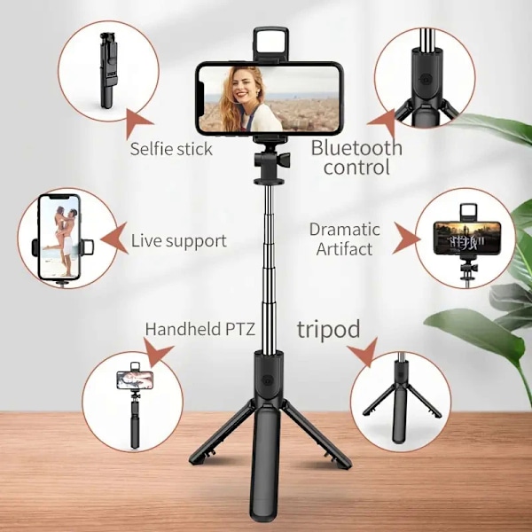 Allt-i-ett Portabelt Stativ för iPhone Selfie Stick med Fyllningsljus Utdragbart Telefonstativ för Tiktok Live BT Fjärrkontroll Black (With Light)
