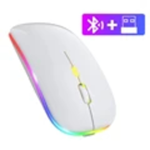 Trådlös mus 2.4Ghz Bluetooth Uppladdningsbar mus Tyst LED Bakgrundsbelyst USB Gaming Mus 1600DPI Möss för Compter PC Laptop White