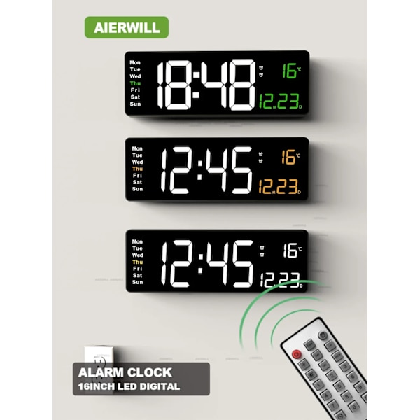 16-tums digital väggklocka Stor LED-väckarklocka Fjärrkontroll Datum Vecka Temperaturklocka Dubbla larm LED-skärmklocka green