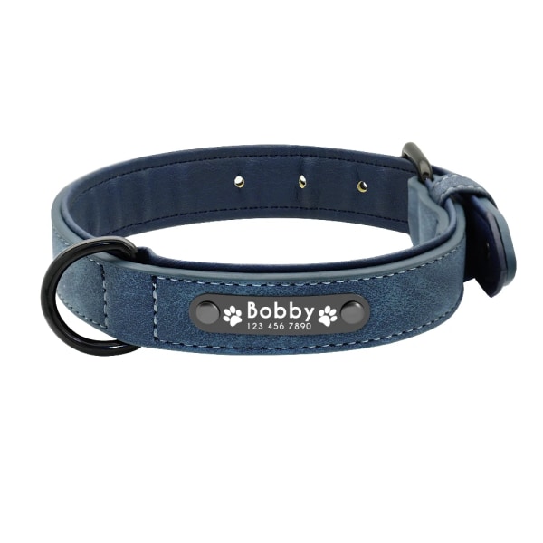 Hundhalsband Personligt anpassat läderhundhalsband Namn-ID-etiketter för små medelstora hundar Pitbull Bulldog Beagle Correa Perro Blue L