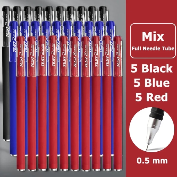 0,5 mm Gel Pen Set Full Nål Tube Svart Blå Röd Färg Pennor för att skriva brevpapper Test Tillgängliga skolmaterial 5 Black 5 Blue 5 Red