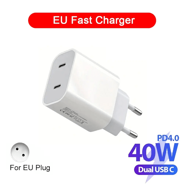 40W Dubbel USB-C PD Laddare Snabbladdning USB-C Typ C Snabb Telefonladdare Adapter för iPhone 15 14 13 Pro Max iPad Air Väggladdare Only EU Plug