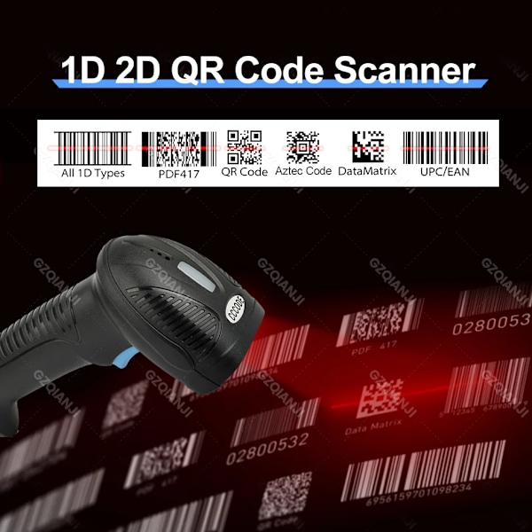 1D 2D QR Handhållen Streckkodsläsare Skanner Bärbar USB Trådlös 2.4G Bluetooth Anslutning PDF417 DM Kod 3 i 1 1.5m Fallhöjd 1D2D-Bluetooth