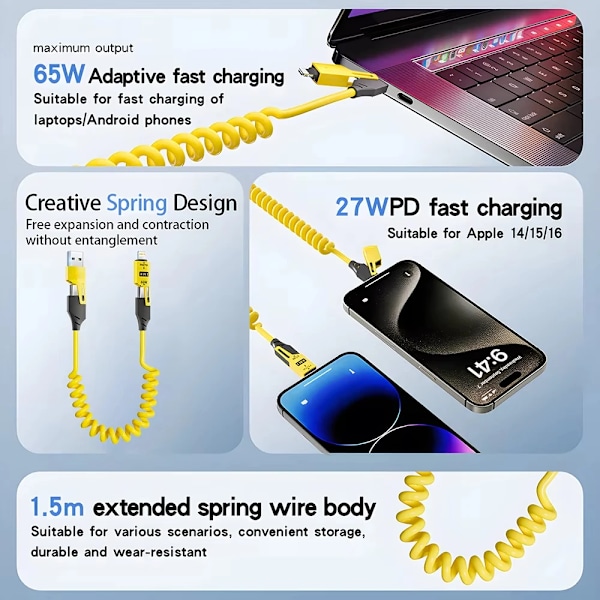 NNBILI 65W 6A Spiralkabel USB-C 4-i-1 Snabbladdning för iPhone 16 15 14 13 12 Pro Max Samsung Multi-Enhet Tålig Kabel green 1.5m