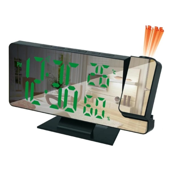 180° Armprojektion Digital väckarklocka Temperatur Luftfuktighet Nattläge Snooze Bordsklocka 12/24H USB projektor LED-klocka Black Body Green