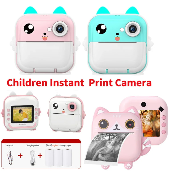 Digital fotokamera för barn med thermal skrivare Barnkamera Omedelbar print Videoinspelning Ta bilder Flicka Pojke Födelsedagspresent Pink no card