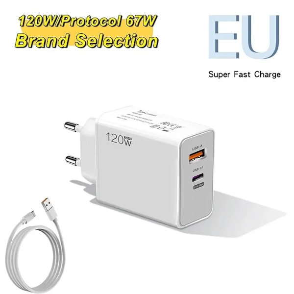 Total 120W Snabbladdare Typ C Snabbladdning 3.0 Väggladdare Adapter för iPhone Huawei Samsung Xiaomi US/EU-laddare EU SET
