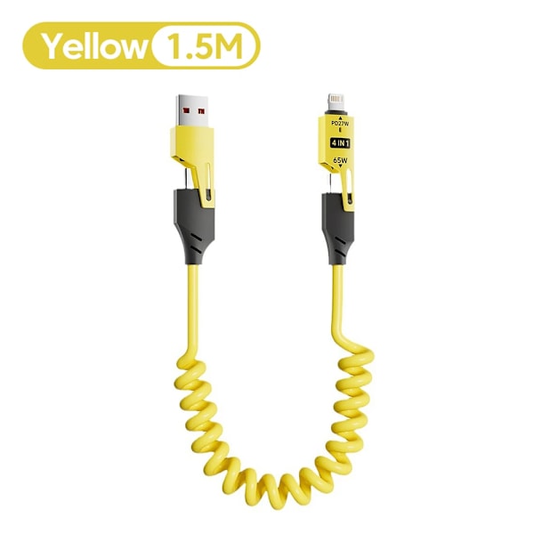 NNBILI 65W 6A Spiralkabel USB-C 4-i-1 Snabbladdning för iPhone 16 15 14 13 12 Pro Max Samsung Multi-Enhet Tålig Kabel Yellow 1.5m