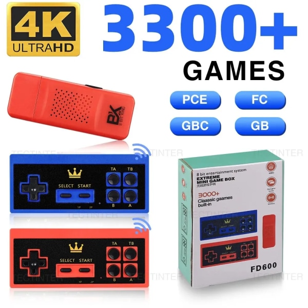 8-bitars videospelskonsol HD-TV Retro handhållen spelspelare Inbyggd 3000 spel 4K Game Stick för PCE/FC/GBC/GB trådlös gamepad Red