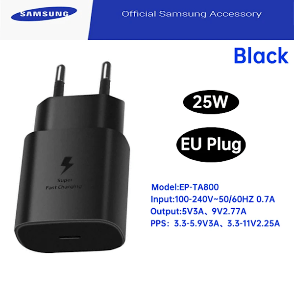 Original Samsung 25W Laddare PD ny Chargeur Galaxi Z Fold 6 5 Z Flip 4 S25 S24 S23 A05s A54 A24 A23 M54 M13 M22 M32 M53 only charger Black EU Plug