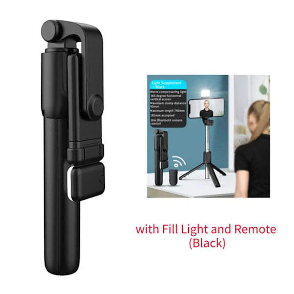 R1 Trådlös Bluetooth Selfie Stick Vikbar Portabel Tripod med Fyllnadsljus Fjärrkontroll för Android iPhone Smartphone Black