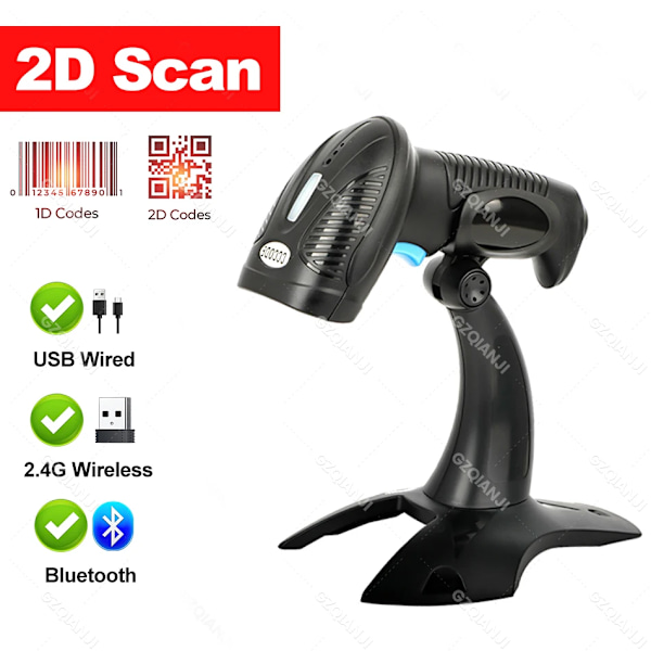 1D 2D QR Handhållen Streckkodsläsare Skanner Bärbar USB Trådlös 2.4G Bluetooth Anslutning PDF417 DM Kod 3 i 1 1.5m Fallhöjd 1D2D-Bluetooth-Stand