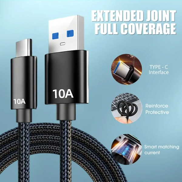 10A Snabbladdningsdatakabel 120W 1m/1.5m/2m Anti-brott Nylonflätad för Samsung Huawei Xiaomi IPhone Oneplus Snabbladdare 2m