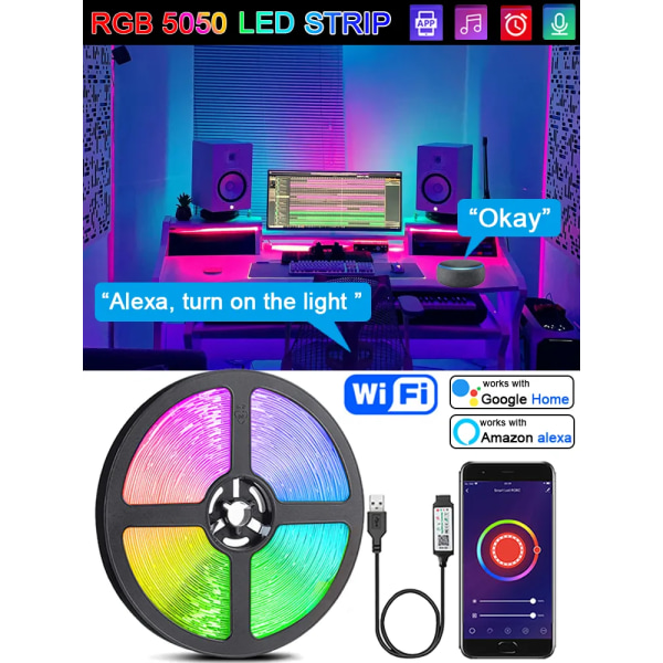 Smart Wifi LED-ljusremsa RGB 5050 Led-tejp för festdekor, TV-bakgrundsbelysning, kompatibel med Alexa Google Home wifi led strip 2m