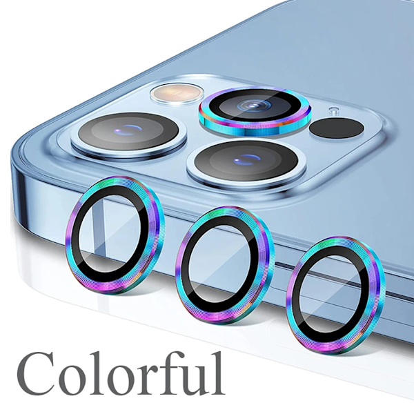 Kameraskydd för iPhone 11 12 13 14 15 Pro Max Mini 9H Härdat Glas Skärmskydd Film 14/15 Plus Metallring Colorful 15 Pro(3PCS)