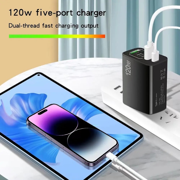 120W 5-i-1 2 USB 3 Typ C Snabbladdare Väggladdare för iPhone Samsung Xiaomi Huawei Oppo Mobiltelefonadapter EU WHITE