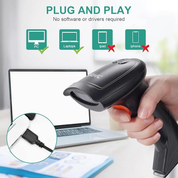 JRHC 1D USB Laserstreckkodsläsare Handhållen Streckkodsläsare Skanningsverktyg Enheter för Butik Supermarket Bibliotek Lager only stand