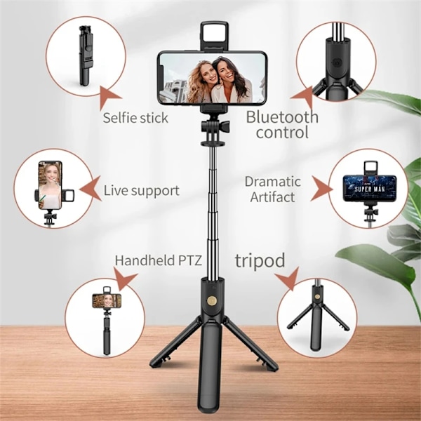 Bluetooth Trådlös Selfie Stick Mini Stativ Monopod Fjärrutlösare Med Fyllnadsljus för iPhone Samsung Xiaomi Telefonhållare Pink