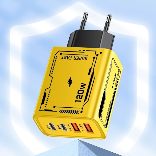 120W Snabbladdning 4 Portar USB C Väggladdare QC3.0 PD Ström för iPhone 16 15 för Huawei för Samsung för Xiaomi EU Yellow