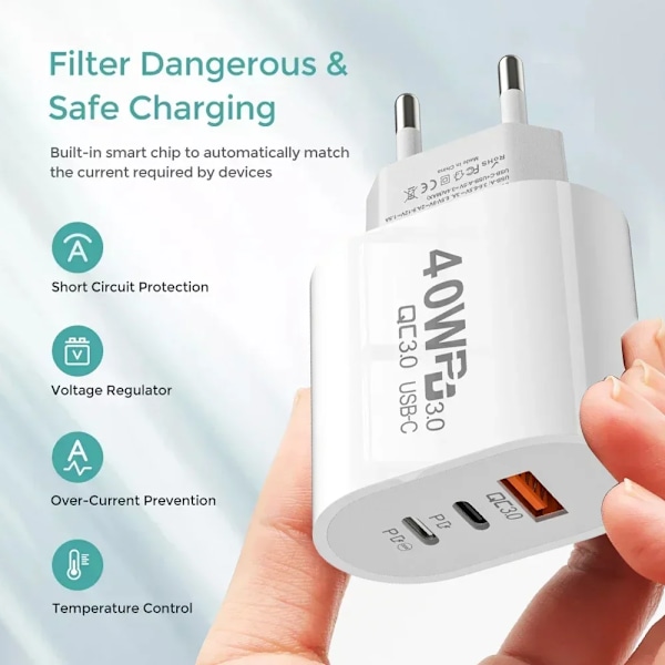 40W 2 PD och 1 QC 3.0 Port Snabbladdande Ström USB Typ C Laddare US/EU För iPhone Samsung Xiaomi Snabbladdning EU-Black