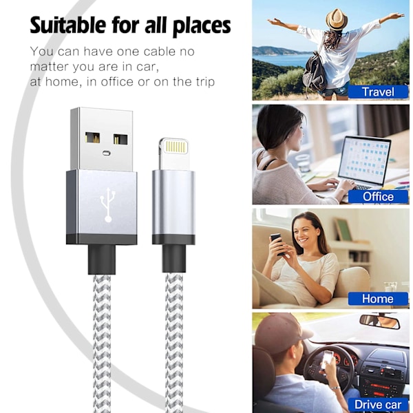 2-pack Ultralång Snabb Laddning USB-kabel för iPhone 14 8 7 Plus 13 12 11 Pro Max XS XR 3A USB Laddare Datakabel Flätad Kabel 2PCS 3m