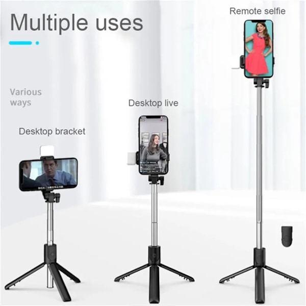 R1 Trådlös Bluetooth Selfie Stick Vikbar Portabel Tripod med Fyllnadsljus Fjärrkontroll för Android iPhone Smartphone Pink