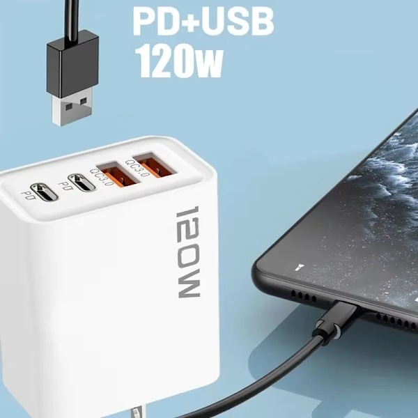 120W 4 Port USB Ny Laddare Snabbladdning Datakabel USB Telefonladdare för Samsung IPhone Xiaomi Huawei Laddare 0.25M 10A  Cable