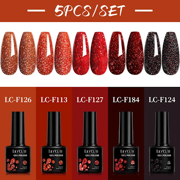 LILYCUTE 5 st/set 7ML Rödbrun Nagelgel DIY Nagelkonst Semi-Permanent UV Gel Polish Långvarig Design Manikyr Kit Tillbehör 241179