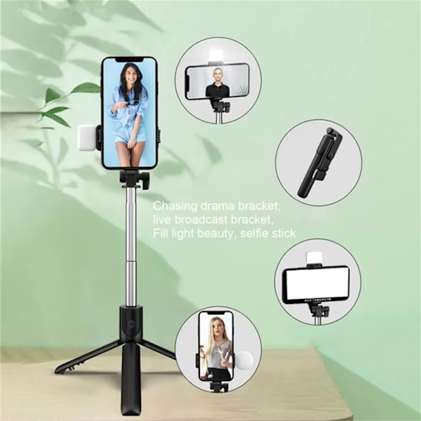 R1 Trådlös Bluetooth Selfie Stick Vikbar Portabel Tripod med Fyllnadsljus Fjärrkontroll för Android iPhone Smartphone White
