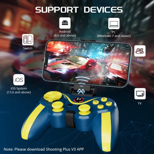 Mobile Game Controller för Android/iOS/PC Windows, Support Key Mapping Mobile Gamepad Kompatibel med iOS Android iPad Tablet Blue