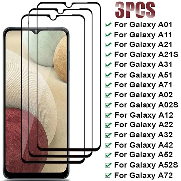 3 st Härdat Glas För Samsung Galaxy A32 A12 A22 A02S A42 A72 A52 A52S 5G Skärmskydd A41 A11 A21 A21S A31 A51 A71 Glas For A72 3Pcs Black