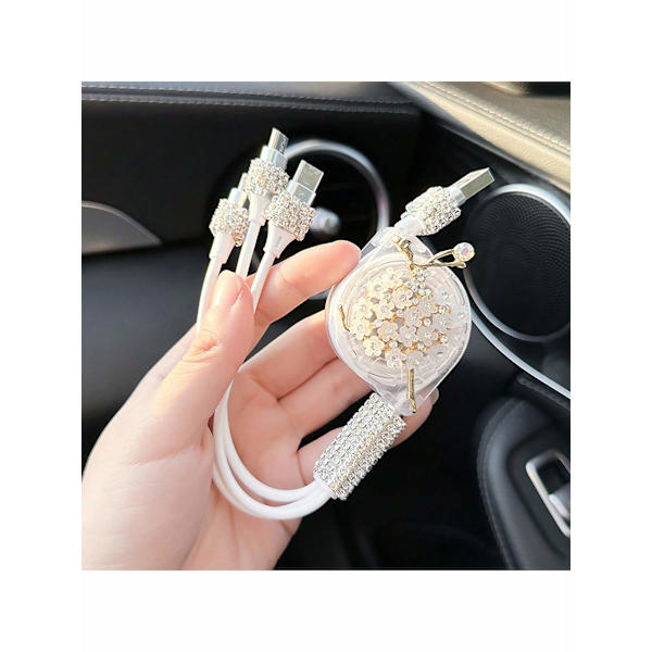 Diamant-Inlagd Billaddare, 3 I 1 Multi-Function Upprullbar Mobiltelefon Datakabel Med 3 Portar Elegant Ballet Data Cable