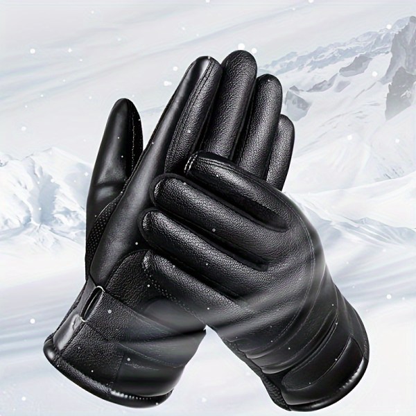 1 par halkfria äkta läder handskar för män, fleecefodrade tjocka vindtäta handskar för utomhusskidåkning Cykling Black One Size Fits All