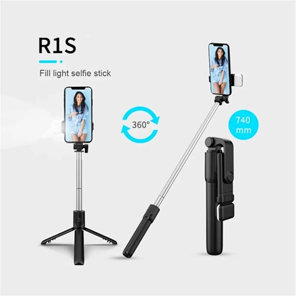 R1 Trådlös Bluetooth Selfie Stick Vikbar Portabel Tripod med Fyllnadsljus Fjärrkontroll för Android iPhone Smartphone White