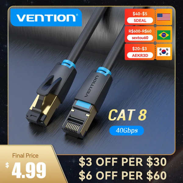 Vention Cat8 Ethernet-kabel STTP 40Gbps 2000MHz Cat 8 RJ45 Network Lan Patch-sladd för routermodem Internet RJ 45 Ethernet-kabel 1m Round Cable-PVC