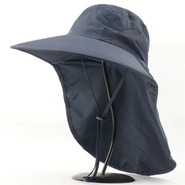 Utomhus fiskare hatt Bred brättad bucket hatt med cover Herr Andas sommar Mesh Solskydd Visir Anti UV Cap Unisex Navy blue-A