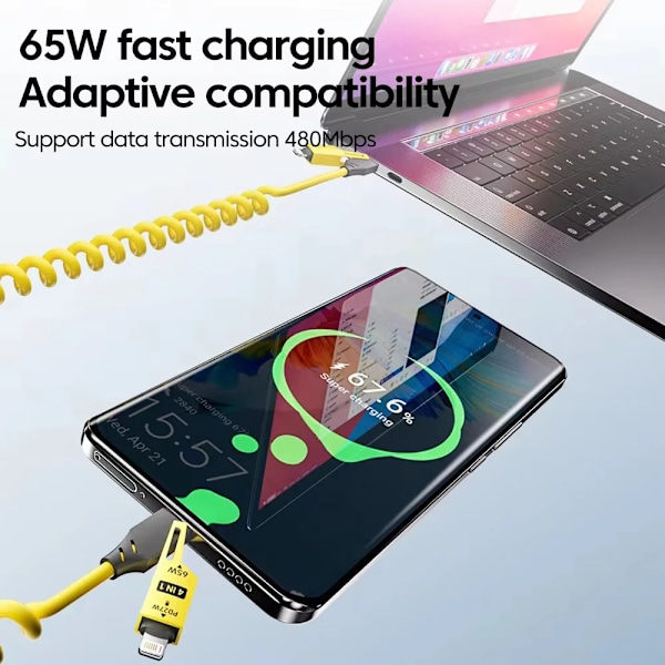 NNBILI 65W 6A Spiralkabel USB-C 4-i-1 Snabbladdning för iPhone 16 15 14 13 12 Pro Max Samsung Multi-Enhet Tålig Kabel blue 1.5m