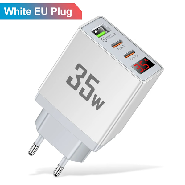 USB C Laddare 3 Portar PD Snabbladdning Digital Display Quick Charge 3.0 Telefon Väggadapter för iPhone 15 Xiaomi Samsung Huawei EU White