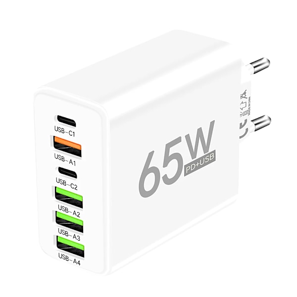 PD 65W USB-laddare Snabbladdare 6 Portar Typ C Mobilladdare För Iphone 16 15 Pro Max Xiaomi Huawei Samsung Snabbladdare White EU