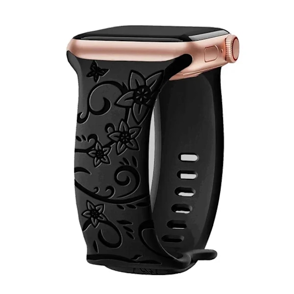 Graverat armband för Apple Watch-armband 46mm 44mm 42mm 41mm 40mm 45mm Ultra 49mm Blomsterarmband Iwatch Series 10 9 8 7 SE 6 5 4 3 Wildflower Black 42-44-45-49-S10-46mm