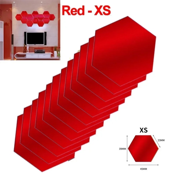 Hexagon Akrylspegel Väggdekal Akryllim Guld Silver Mosaikplattor Avtagbar gör-det-själv-badrum Heminredningsdekal XS-Red-46x40x23mm 48Pcs