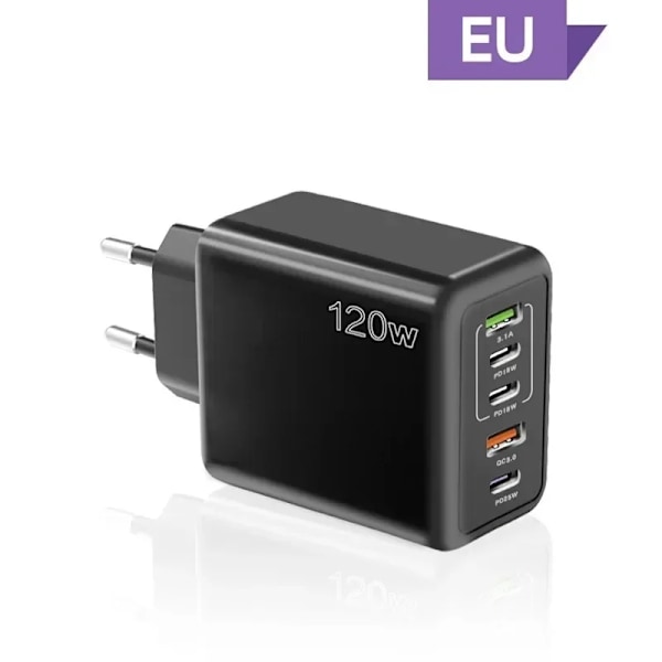 120W Snabbladdare USB C Multiportar PD Snabbladdning 3.0 Väggladdare för iPhone Samsung Huawei Xiaomi Enheter Black EU