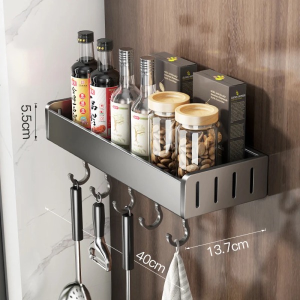 Väggmonterade kökssmaktillbehör Kryddställ Organizer Hylla Kök Förvaring Vägghylla Organizers Hängande krokställ för kök 40cmGrey Shelf Hook