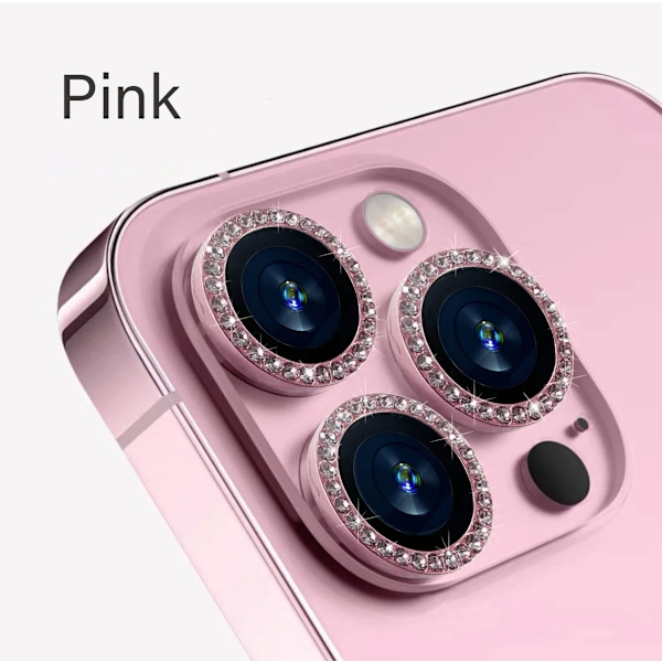 Kameraskydd för iPhone 11 12 13 14 15 Pro Max Mini 9H Härdat Glas Skärmskydd Film 14/15 Plus Metallring Spot Drill Pink 15Plus (2PCS)