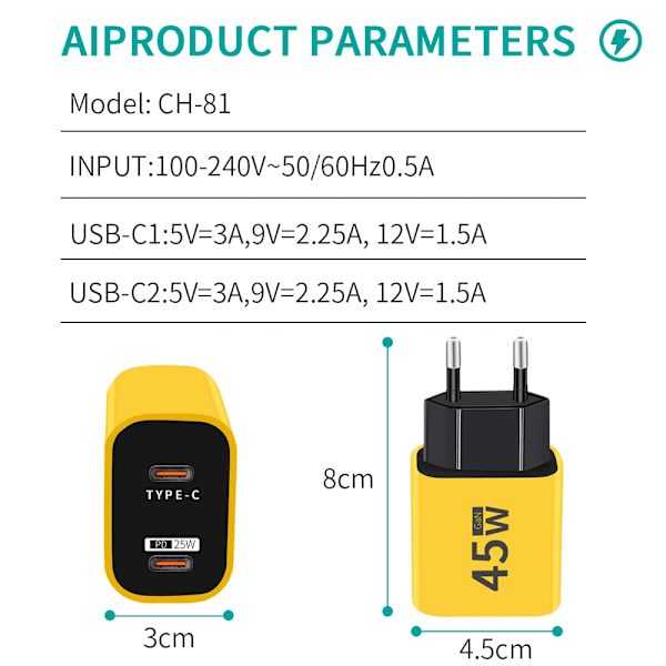 Dubbel PD GaN Laddare 45W USB C Mobiltelefon Typ C Snabbladdande Väggladdare för Iphone 15 pro max Samsung Galaxy S23 Yellow EU