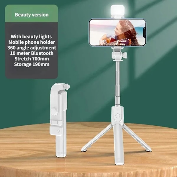 Selfie Stick Trådlöst Stativ med Lampa Bluetooth Fjärrkontroll Utdragbart Stativ för iPhone Mobiltelefon Tiktok Livestreaming White With Lights