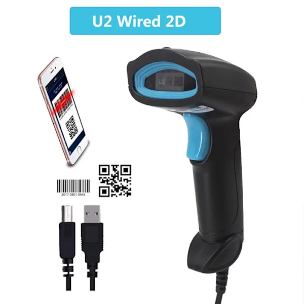 CMOS Bild 1D 2D Trådlös Streckkodsläsare Bluetooth Högprecision Handhållen Automatisk Streckkodsläsare För Lagerhantering U2 Wired 2D