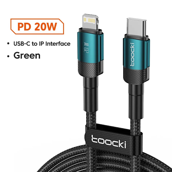 Toocki USB Typ C Kabel Snabbladdning USB C Laddningskabel För iPhone 15 14 13 12 11 Huawei P40 P30 Realme Oppo Oneplus 1m 2m C to L Green 1m