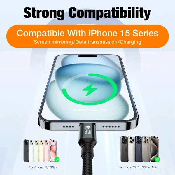 NNBILI PD100W USB3.2 Gen2 20Gbps 8K@60Hz Thunderbolt3 USB-C till C Kabel 5A Snabbladdning för iPhone 15 Pro Max MacBook PC Laptop black 1m